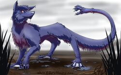 16:10 2013 ahro ahuizotl blue_body blue_fur canid canine canis feet feral fur hybrid looking_at_viewer male mammal membrane_(anatomy) mythical red_eyes shaded signature solo tail tail_hand toes unusual_anatomy unusual_tail webbed_feet webbed_hands wet widescreen wolf