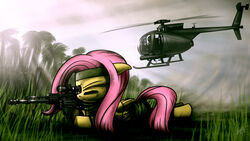 16:9 aircraft assault_rifle clothing digital_media_(artwork) dori-to duo equid equine feathered_wings feathers female fluttershy_(mlp) friendship_is_magic fur grass gun hair hasbro helicopter hi_res mammal my_little_pony mythological_creature mythological_equine mythology pegasus plant ranged_weapon rifle solo_focus tree vehicle weapon widescreen wings yellow_body yellow_feathers yellow_fur