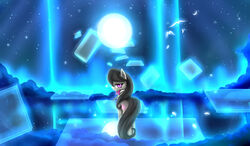 avian bird black_hair bow_(feature) bow_tie cutie_mark cyanaeolin earth_pony equid equine female feral friendship_is_magic fur glowing grey_body grey_fur hair hasbro hi_res horse long_hair looking_at_viewer looking_back mammal moon my_little_pony octavia_(mlp) pony purple_eyes smile solo standing star wings