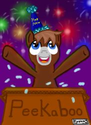 blue_eyes box brown_body brown_fur brown_hair clothing container english_text equid equine fireworks fur furpics hair happy hasbro hat headgear headwear holidays horse male mammal my_little_pony new_year night open_mouth outside peekaboo pony sky solo star styrofoam text