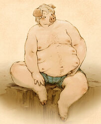 blonde_hair blue_eyes bottomwear brown_background clothed clothing denim denim_bottomwear denim_clothing domestic_pig graphite_(artwork) hair jeans kunugi looking_away male mammal mixed_media moobs multimoobs nipples overweight overweight_male painting_(artwork) pants pencil_(artwork) pink_body pink_skin shorts simple_background sitting solo suid suina sus_(pig) teal_bottomwear teal_clothing topless traditional_media_(artwork) watercolor_(artwork)