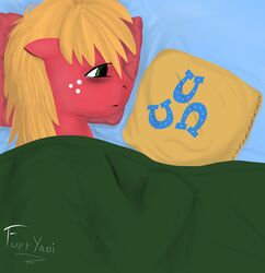 bed bedding big_macintosh_(mlp) blanket blonde_hair bodily_fluids caramel_(mlp) earth_pony equid equine freckles friendship_is_magic fur furniture furryaoi green_eyes hair hasbro hi_res horse male mammal my_little_pony on_bed pillow pony red_body red_fur sad solo tears under_covers