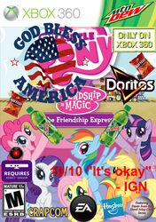 2014 american_flag applejack_(mlp) beverage blue_body blue_eyes blue_feathers blue_fur bottle box_art capcom capcom_logo chips_(food) collage_(artwork) container cover crossover doritos earth_pony electronic_arts electronic_arts_logo english_text equid equine feathered_wings feathers female feral fluttershy_(mlp) food friendship_is_magic frito-lay fur green_eyes group hair hal_9000 hasbro hasbro_logo holding_beverage holding_bottle holding_container holding_object horn horse ign locomotive logo mammal microsoft mountain_dew multicolored_hair my_little_pony mythological_creature mythological_equine mythology orange_body orange_fur passenger_railcar pegasus pink_body pink_fur pink_hair pinkie_pie_(mlp) plastic plastic_bottle plastic_container pony product_placement purple_body purple_eyes purple_fur purple_hair railway_track rainbow_dash_(mlp) rainbow_hair rarity_(mlp) soda soda_bottle steam_locomotive text train twilight_sparkle_(mlp) two_tone_hair unicorn united_states_of_america vehicle video_game_cover video_game_logo viperdash_gts_r white_body white_fur wings xbox xbox_360 xbox_game_studios xbox_logo yellow_body yellow_fur