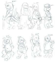 ambiguous_gender anthro arthur_(cave_story) blush bottomless cave_story chaco_(cave_story) clothed clothing female group hatiimiga hi_res jack_(cave_story) king_(cave_story) lagomorph male mammal melee_weapon mimiga monochrome santa_(cave_story) scar sketch sue_sakamoto sword toroko weapon