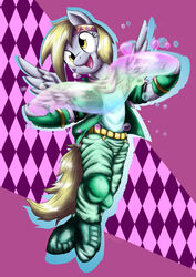 2014 absurd_res amber_eyes blonde_hair caesar_zeppeli derp_eyes derpy_hooves equid equine feathered_wings feathers female friendship_is_magic grey_body grey_feathers hair hasbro hi_res jojo&#039;s_bizarre_adventure mammal meme my_little_pony mythological_creature mythological_equine mythology otakuap pegasus solo wings