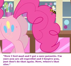 2014 arthropod ass bee bee_sting blue_eyes bsting earth_pony english_text equid equine female feral friendship_is_magic fur hair hasbro horse hymenopteran insects long_hair mammal my_little_pony pink_body pink_fur pink_hair pinkie_pie_(mlp) pony solo text