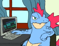 2014 4chan ambiguous_gender annoyed anthro bludragoon blue_body blue_skin chair claws computer crocodilian curtains desk digital_media_(artwork) electronics fangs feraligatr furniture generation_2_pokemon green_eyes i_can&#039;t_fap_to_this keyboard logic_pro_x lol_comments meme monitor nintendo pokemon pokemon_(species) red_body red_skin reptile scalie sitting solo table teeth third-party_edit window ಠ_ಠ