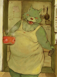 anthro apron blue_body blue_fur blush bottomwear canid canine closed_eyes clothed clothing cooking cooking_pot detailed_background digital_media_(artwork) dress fangs female fur graphite_(artwork) happy heart_symbol kunugi mammal mixed_media open_mouth pencil_(artwork) slightly_chubby smile solo teeth topwear traditional_media_(artwork) white_bottomwear white_clothing white_topwear