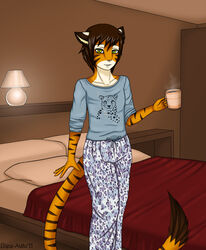 2013 ambiguous_gender anthro bed bedroom beverage biped brown_hair clothing coffee container cup eliana-asato felid food fur furniture green_eyes hair hi_res holding_container holding_cup holding_object inside lamp mammal orange_body orange_fur pajamas pantherine saba short_hair smile solo standing steam stripes tea tiger white_body white_fur