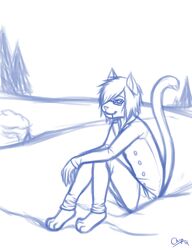 anthro blue_and_white bottomwear chiroina chyo clothing denim denim_bottomwear denim_clothing domestic_cat eyewear felid feline felis glasses hi_res jeans male mammal monochrome outside pants pea_coat sketch sky snow solo unfinished winter