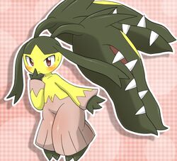 2_toes 3_fingers ambiguous_gender blush checkered checkered_background feet fingers generation_6_pokemon hair_mouth hm3526 looking_at_viewer mega_evolution mega_mawile navel nintendo pattern_background pokemon pokemon_(species) red_eyes sharp_teeth simple_background solo teeth toes