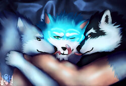 2014 aluminemsiren animal_humanoid anthro bcokami bed biceps black_nose blue_eyes blush bust_portrait canid canine canis chest_tuft countershading digital_media_(artwork) fur furniture group hair hi_res humanoid jioun jioun_the_tigerwolf joh29 lobo looking_at_viewer male male/male mammal muscular nude open_mouth orion_(aluminemsiren) pecs portrait smile tattoo teeth tongue tongue_out tuft white_body white_fur wolf