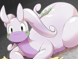 4:3 :3 ambiguous_gender blush dragon feral generation_6_pokemon goodra green_eyes hm3526 looking_at_viewer lying mythological_creature mythological_scalie mythology nintendo pokemon pokemon_(species) purple_body scalie simple_background slime smile solo tail thick_tail