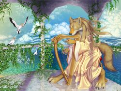 2014 4:3 anthro anthro_focus avian bird canid canine canis cloud detailed_background digital_media_(artwork) female gannet gazebo grapevine group harp high_place kekpafrany mammal musical_instrument plucked_string_instrument sea solo_focus string_instrument sulid water wolf