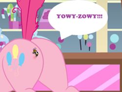 2014 4:3 arthropod ass bee bee_sting blue_eyes bsting earth_pony english_text equid equine female feral friendship_is_magic fur hair hasbro horse hymenopteran insects long_hair mammal my_little_pony pink_body pink_fur pink_hair pinkie_pie_(mlp) pony reddened_butt solo text