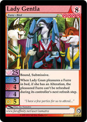 anthro asexual_symbol avian bird blue_jay canid canine card card_template collar copyright_symbol corvid domestic_cat english_text felid feline felis female female_symbol fox furoticon gender_symbol group heart_symbol intersex_symbol jay_(bird) lady_goan male_symbol mammal new_world_jay number oscine passerine sumatra symbol text trading_card trading_card_game trading_card_template trio