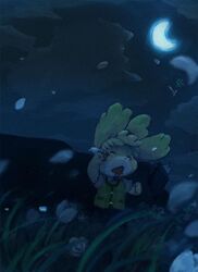 animal_crossing anthro canid canine canis clipboard cloud domestic_dog female flower isabelle_(animal_crossing) kunugi landscape mammal moon night nintendo outside plant running shih_tzu solo string_bow toy_dog wind