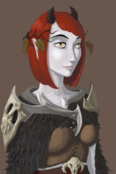 aka6 bone digital_media_(artwork) druid dungeons_and_dragons feathers female hair hasbro head_wreath hi_res horn horned_humanoid humanoid humanoid_pointy_ears leaf leaf_crown leather magic_user not_furry pale_skin red_hair skull solo tiefling tribal_spellcaster wizards_of_the_coast yellow_eyes