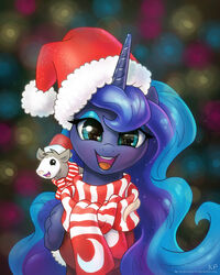 4:5 alicorn american_opossum blue_body blue_eyes blue_feathers blue_fur blue_hair christmas christmas_clothing christmas_headwear clothing costume duo equid equine eyeshadow feathered_wings feathers female feral friendship_is_magic fur hair hasbro hat headgear headwear hi_res holidays horn karol_pawlinski long_hair looking_at_viewer makeup mammal marsupial multicolored_hair my_little_pony mythological_creature mythological_equine mythology open_mouth princess_luna_(mlp) santa_costume santa_hat scarf smile tiberius_(mlp) tongue two_tone_hair virginia_opossum wings