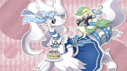 accessory beverage blue_eyes blush bow_(feature) bow_accessory bow_ribbon cake closed_eyes clothing coffee container cup dessert dishes dragon duo eyewear female food fur generation_5_pokemon glasses green_body hair_accessory hair_ribbon hairbow hm3526 legendary_pokemon maid_uniform male mythological_creature mythological_scalie mythology nintendo open_mouth pink_background plate pokemon pokemon_(species) reptile reshiram ribbons scalie simple_background snivy suit tail uniform white_body white_fur