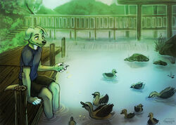 2014 anatid anseriform anthro avian bird canid canine canis digital_media_(artwork) domestic_dog duck feeding feeding_birds feeding_ducks feral green_theme haychel male mammal solo water yellow_eyes