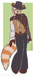 2014 ailurid anthro belt clothing cowboy fur furgonomics hat headgear headwear looking_at_viewer male mammal mistystriker poncho red_panda solo western