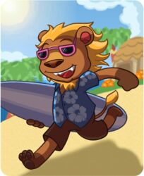 animal_crossing anthro beach bud_(animal_crossing) cloud dr-reggie eyewear felid happy lion male mammal nintendo outside pantherine seaside sky solo sunglasses surfboard vehicle watercraft