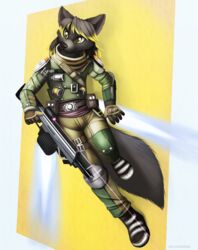 2014 anthro armor black_nose boots canid canine clothing colored digital_media_(artwork) electronic_arts flying footwear fur gun hair hi_res holding_gun holding_object holding_ranged_weapon holding_weapon jamesfoxbr jet_pack machine male mammal military militia_(titanfall) pilot_(titanfall) power_armor ranged_weapon respawn_entertainment shaded shotgun simple_background solo titanfall weapon