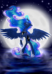 absurd_res alice4444dm alicorn blue_body blue_feathers cool_colors cutie_mark dancing equid equine feathered_wings feathers female feral friendship_is_magic glowing hasbro hi_res horn mammal moon my_little_pony mythological_creature mythological_equine mythology night outside princess_luna_(mlp) reflection solo sparkles standing star water wings