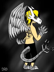 anthro bone claws clothed clothing darkrainbowdragon demon hair human male mammal marik mark_de_drak metal pose solo source_request standing topless wings yellow_eyes