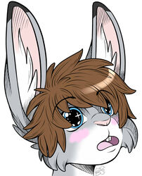 anthro blue_eyes blush brown_hair buckteeth hair headshot_portrait hi_res inner_ear_fluff lagomorph leporid logitech_(character) male mammal open_mouth portrait rabbit reaction_image saaracullen solo teeth tuft