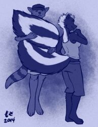 2014 anthro big_tail clothing duo female hat headgear headwear male mammal markings mephitid mosa skunk striped_markings striped_tail stripes tail tail_markings tail_wraps unknown_species wraps