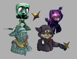 2013 amumu_(lol) bandage bodily_fluids clothed clothing crying fur green_eyes group hair kennen_(lol) league_of_legends male mummy ninja riot_games simple_background tears tencent undead unknown_artist warrior yordle