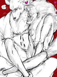 3:4 annoyed anthro blush canid canine canis duo fox fur gingitsune gintaro kemono larger_male love male male/male mammal on_lap sitting sitting_on_lap size_difference slightly_chubby slim smaller_male tetsuro white_body white_fur wolf やん