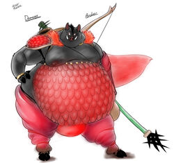 2013 archer armor armpit_hair belly big_belly body_hair bow_(weapon) cape clothing fur hi_res legwear male mammal melee_weapon moobs nipples obese obese_male overweight overweight_male polearm ranged_weapon riis scale_armor solo spear suid suina sus_(pig) thong underwear weapon wild_boar