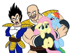 alpha_channel angry black_hair blue_body blue_fur crossover dragon_ball dragon_ball_z equid equine facial_hair female feral fluttershy_(mlp) friendship_is_magic fur group hair hasbro hi_res horse hug humanoid male mammal mickeymonster monkey_tail moustache multicolored_hair muscular my_little_pony nappa pink_hair pony purple_eyes rainbow_dash_(mlp) rainbow_hair saiyan scared simple_background teal_eyes transparent_background vegeta vito