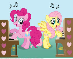 2014 blue_eyes cutie_mark duet duo earth_pony equid equine feathered_wings feathers female fluttershy_(mlp) friendship_is_magic hair hasbro horse keyboard_instrument kinkyturtle mammal musical_instrument my_little_pony mythological_creature mythological_equine mythology pegasus piano pink_hair pinkie_pie_(mlp) playing_music playing_piano pony wings yellow_body yellow_feathers