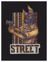 anthro canid canine canis clothing cockiestspaniel domestic_dog german_shepherd gun handgun herding_dog holding_gun holding_handgun holding_object holding_ranged_weapon holding_weapon male mammal military name_badge pastoral_dog pistol plate police ranged_weapon repeated_text solo streetdog topwear vest weapon wolf