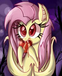 2014 apple apple_juice bat_pony bat_wings beverage cloud daniel-sg dead_tree equid fangs female feral flutterbat_(mlp) fluttershy_(mlp) food friendship_is_magic fruit hair hasbro hybrid juice_(beverage) mammal membrane_(anatomy) membranous_wings messy_hair my_little_pony night outside pink_hair plant red_eyes sky solo teeth tree wings