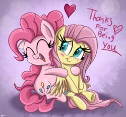 2014 blue_eyes blush cutie_mark daniel-sg duo earth_pony english_text equid equine feathered_wings feathers female fluttershy_(mlp) friendship_is_magic fur hair hasbro heart_symbol horse horse_tail hug long_hair mammal my_little_pony mythological_creature mythological_equine mythology open_mouth pegasus pink_body pink_fur pink_hair pinkie_pie_(mlp) pony sitting teeth text wings yellow_body yellow_feathers yellow_fur