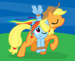 accessory applejack_(mlp) blonde_hair blue_body blue_feathers blue_fur bound carrying_another clothing cutie_mark duo earth_pony equid equine feathered_wings feathers female feral freckles friendship_is_magic fur grass hair hair_accessory hairband hasbro hat headgear headwear hi_res horse long_hair mammal mane moabite multicolored_hair my_little_pony mythological_creature mythological_equine mythology one_eye_closed orange_body orange_fur outside pegasus plant pony purple_eyes rainbow_dash_(mlp) rainbow_hair shadow sky smile wings