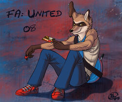 2007 2008 anthro bottomwear canid canine clothing denim denim_bottomwear denim_clothing fa_united fender footwear furaffinity guitar jeans male mammal mariart mascot musical_instrument pants plucked_string_instrument shoes smile sneakers solo string_instrument