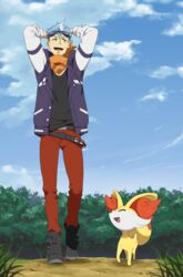 ambiguous_gender canid canine cloud danzilla detailed_background duo fennekin feral generation_6_pokemon hi_res human male mammal nintendo outside pokemon pokemon_(species) size_difference sky trainer