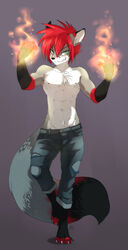 abs anthro biceps biped black_body black_fur black_nose bottomwear canid canine chest_tuft claws clothed clothing denim denim_bottomwear denim_clothing fangs fire fox fur green_eyes grey_body grey_fur grin hair hi_res jeans looking_at_viewer magic_user male mammal markings muscular muscular_anthro muscular_male nipples pants pecs peritian phenol pose red_hair red_markings signature simple_background smile solo standing teeth toe_claws topless torn_clothing tuft white_body white_fur