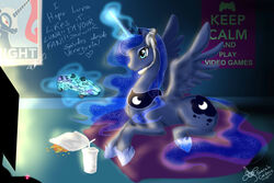 2012 3:2 alicorn barack_obama_&quot;hope&quot;_poster blue_body blue_eyes blue_feathers blue_fur blue_hair controller crown cutie_mark daughter-of-fantasy electronics english_text equid equine feathered_wings feathers female feral friendship_is_magic fur game_controller gaming hair hasbro headgear headphones headset hi_res horn horseshoe long_hair lying magic mammal my_little_pony mythological_creature mythological_equine mythology nightmare_moon_(mlp) playing_video_game poster princess_luna_(mlp) signature smile solo spanish_text spread_wings text translated wings