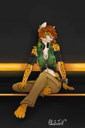 2014 4_toes anthro barefoot big_breasts biped breasts chazcatrix cheetah cleavage clothed clothing ear_piercing electronics feet felid feline female green_eyes hair headphones hi_res kansi mammal navel piercing red_hair simple_background sitting smile solo toes