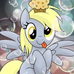 1:1 bubble derpy_hooves equid equine feathered_wings feathers female food friendship_is_magic grey_body grey_feathers hasbro mammal muffin my_little_pony mythological_creature mythological_equine mythology pegasus solo theairevolution tongue wings