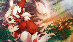 ambiguous_gender bodily_fluids claws detailed_background duo feral forest fur generation_3_pokemon hug jeacn multicolored_body multicolored_fur nintendo open_mouth outside plant pokemon pokemon_(species) red_body red_eyes red_fur sweat tree two_tone_body two_tone_fur white_body white_fur zangoose