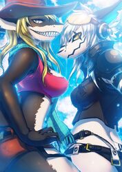 anthro black_body black_skin blonde_hair duo female fish grey_eyes hair hi_res looking_at_viewer marine reituki shark smile white_body white_hair white_skin yellow_eyes