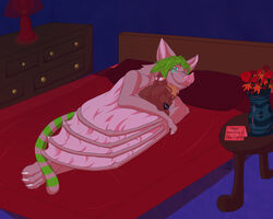 2014 5:4 anthro bat bed blake_(suicidedragon) brown_body brown_fur canid canine card claws cuddling duo english_text felid flower fox fur furniture green_hair green_stripes gurin hair heart_symbol hi_res high-angle_view holiday_card holidays hybrid inside killerwolf1020 lying male mammal membrane_(anatomy) membranous_wings on_bed on_side pantherine pink_nose pink_wings plant red_fox smile stripes text tiger toe_claws true_fox under_covers valentine&#039;s_day valentine&#039;s_day_card wing_embrace wings